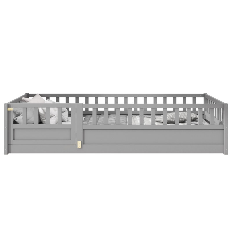 Twin Size Montessori Floor Bed With High Security Barrier & Door, Gray, Gray, Twin