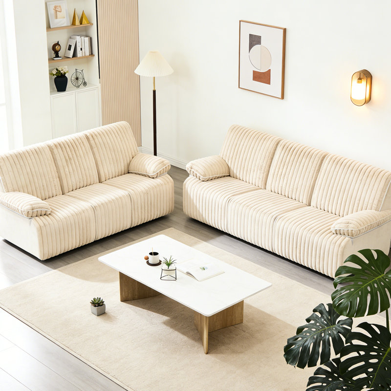 Velours côtelé manuel inclinable à 6 places, beige, conception murale pour petits espaces, coussins larges et hauts, compact, confortable