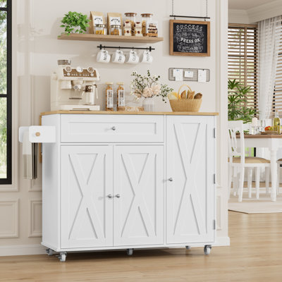 Barr 47.6"W Farmhouse Kitchen Island, Movable Kitchen Cart with Towel Rack, Rubber Drop Leaf (15.75"/27.56" D), and Storage Pantry Door