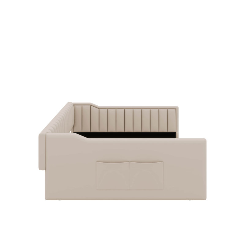 Lit de jour rembourré et poche de rangement latérale, Double XL, Beige