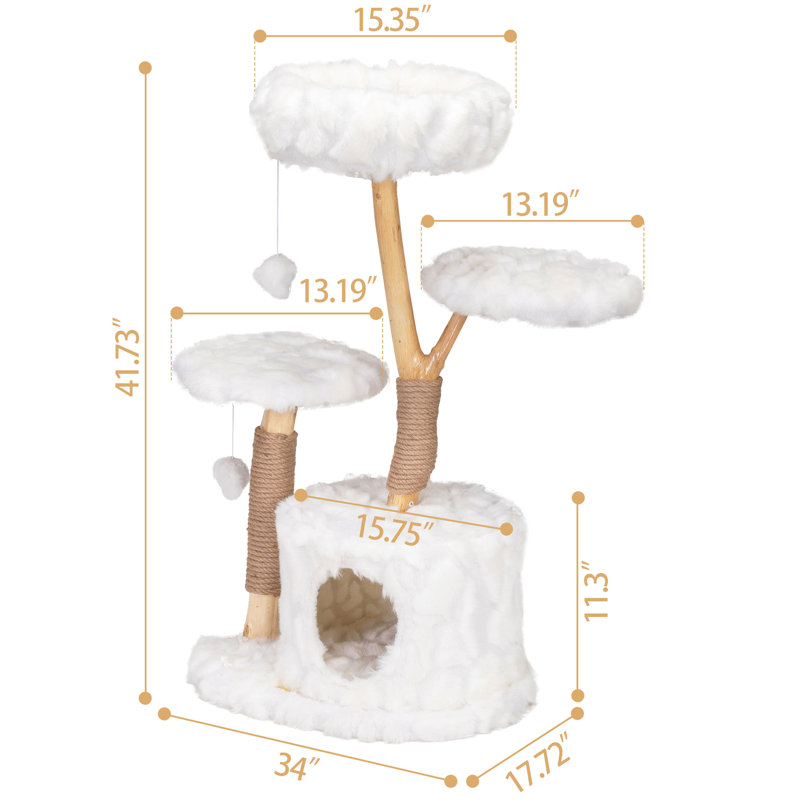 Arbre à chat avec lit concave, intérieur luxueux, thème blanc moderne, branche naturelle,