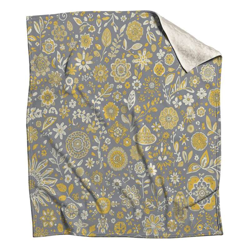 Gray Yellow Floral Pattern Blankets, 60in W x 80in H