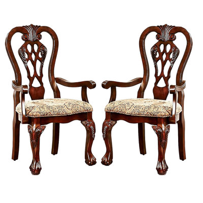 Traditional Dining Room Arm Chairs Of 2, Solid Wood Cherry, Print Fabric Seat, Intricate Back, & Claw Feet Classic Style Wood, Cherry Brown,