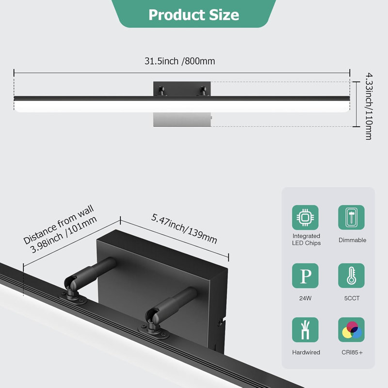 31.5" Black LED Vanity Light, 24W 5CCT Adjustable Bathroom Light Bar, Modern Wall Fixture For Vanity Mirror, Powder Room, Bedroom, Apartment, Hotel
