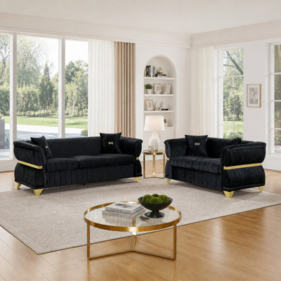Ensemble de 2 pièces canapé de luxe en velours moderne à trois places et deux places avec 4 coussins et garniture en métal doré Pieds effilés dorés et accoudoirs courbés pour le salon noir