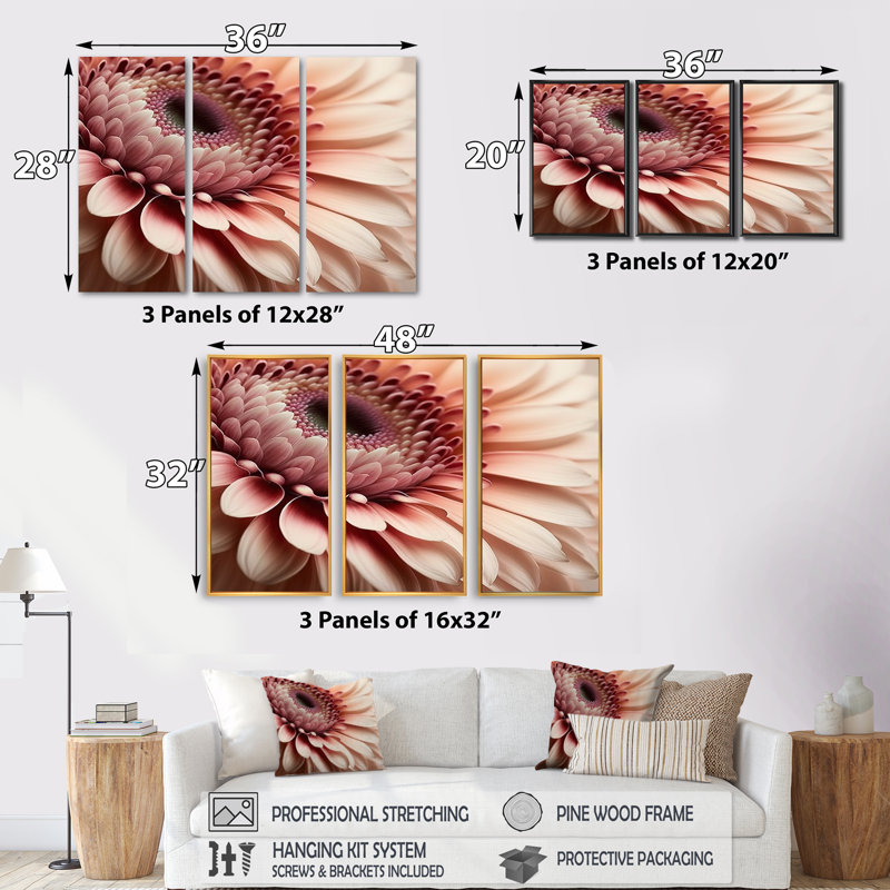«Pink Gerbera Flowers IV», reproduction sur toile 3 pièces, L 48 po x H 32 po, Toile tendue