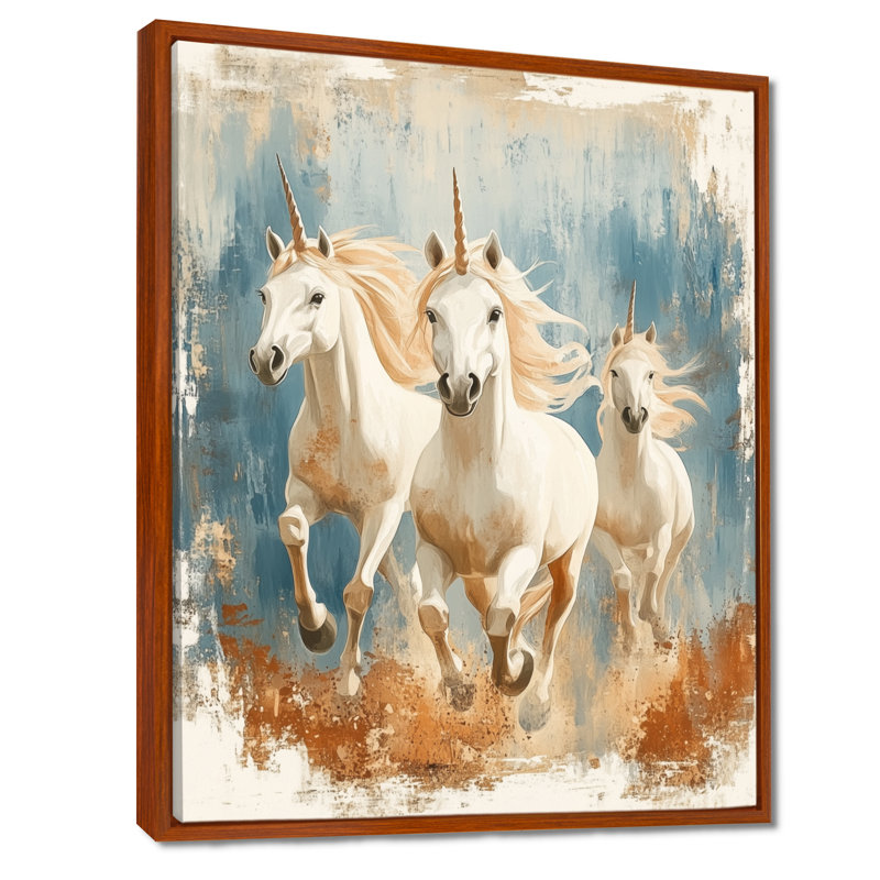 Trio de licornes au galop - Affiche encadrée de licornes, H 40 po x l 30 po, Cadre flottant brun