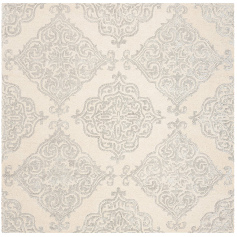Bernon Hand Tufted Viscose/Wool Geometric Rug in Ivory/Silver, Square 6'