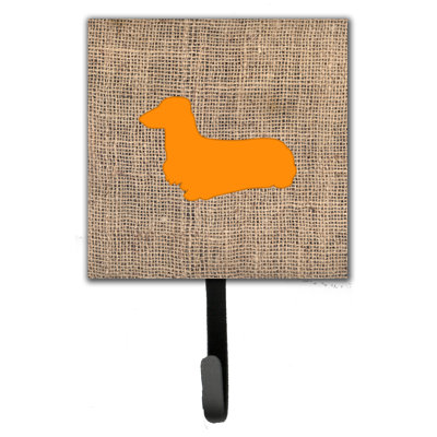 Dachshund Burlap and Orange Leash Holder and Wall Hook