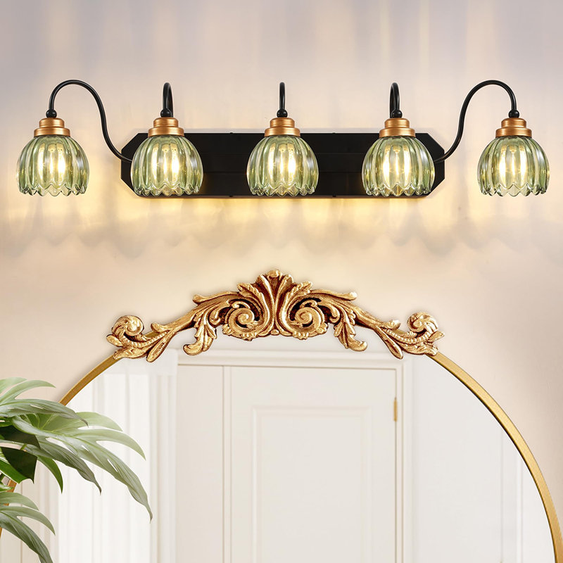 Mid Century 5-Light Crystal Glass Wall Sconce, Matte Vintage Bathroom Vanity Light Fixture, Green