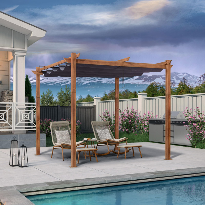 PURPLE LEAF 10' x 10' Outdoor Retractable Pergola with Sun Shade Canopy Metal Shelter for Patio Garden Pavilion Natural Wood Grain Frame Gazebo Modern Backyard Grill Pergola Navy Blue