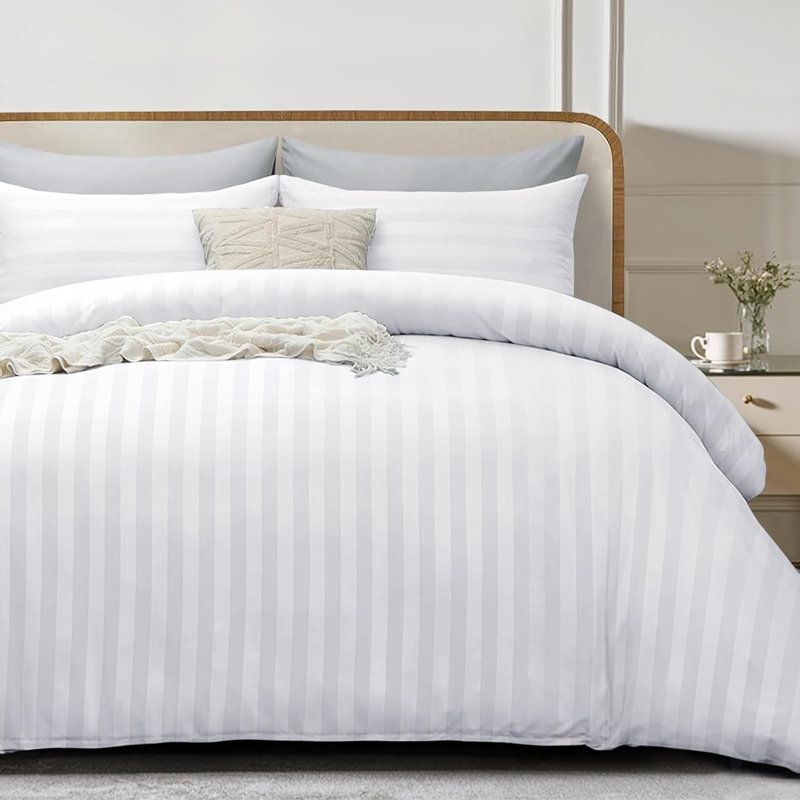 Microfiber Striped Duvet Cover Set with Pillowcases, White, King Duvet Cover 2 Pillowcases