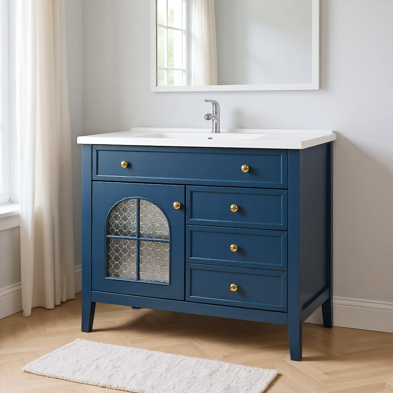 Meuble-lavabo autoportant 36 po avec éclairage à capteur, lavabo en verre à motifs et rangement Farmhouse, Bleu