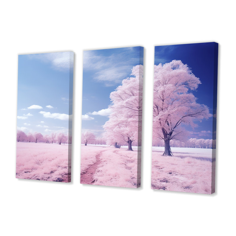 «Pink Winter Tree Snow Landscape», ensemble d'art mural arbre d'hiver, Toile tendue, H 32 po x l 48 po x P 1 po