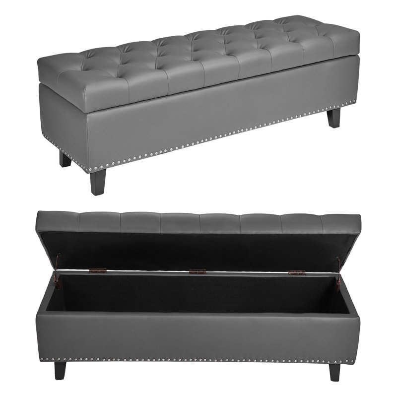 Banc avec repose-pieds capitonné et capitonné avec pieds en bois , Gris