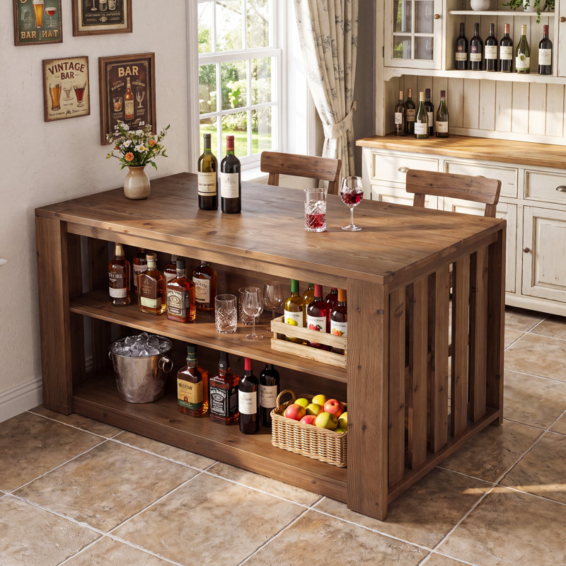 Îlot de cuisine en bois massif de 55,1 po avec espace de rangement et de sièges, table de préparation de cuisine de ferme avec grand plan de travail et lattes latérales