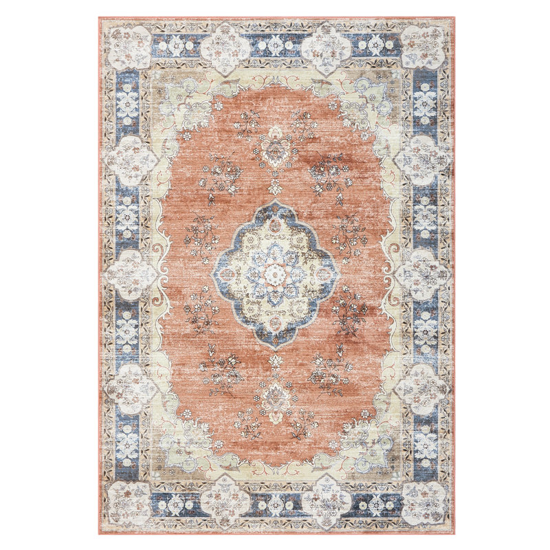 Washable Floral Rug Non-Slip Modern Farmhouse Living Room Carpet, Non-Shedding Low Pile Floor Mats, Foldable Print Accent Indoor Rug for Bedroom, Playroom, Nursery
