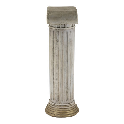 13X10x31" Antique White Magnesium Pedestal Stand With Ribbed Column Design And Gold Base