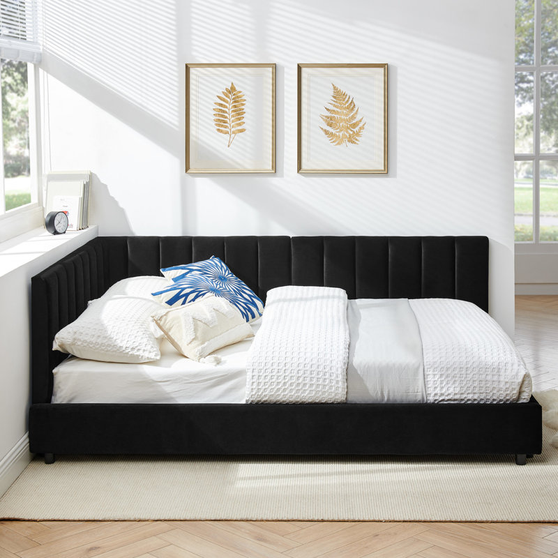 Lit double tapissier pleine grandeur avec revêtement en velours noir