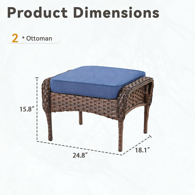 Set of 2 PE Wicker Rattan Footrest Ottomans with Blue Cushions, Blue, Brown