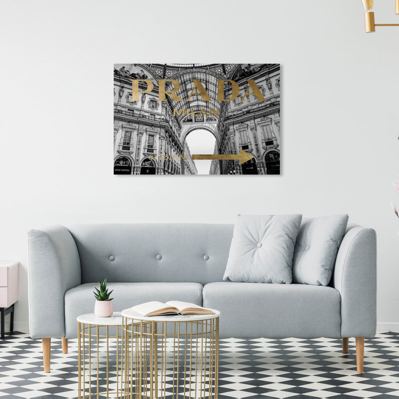 «Milan Galleria Roadsign Noir Gold», impression sur toile, H 24 po x l 36 po, Toile tendue
