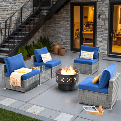 Ensemble de conversation modulaire d'extérieur 5 pièces avec coussins et table de foyer