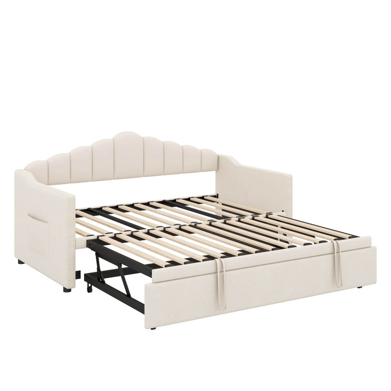 Lit de jour rembourré simple avec lit gigogne réglable en hauteur, Beige