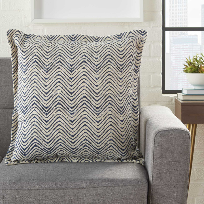 Indigo and Ivory Cotton Chevron 20" Square Throw Pillow