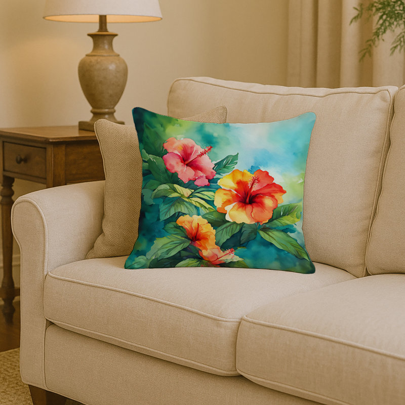 Coussin Hawaii, Hibiscus à l'aquarelle, Carré 14 po