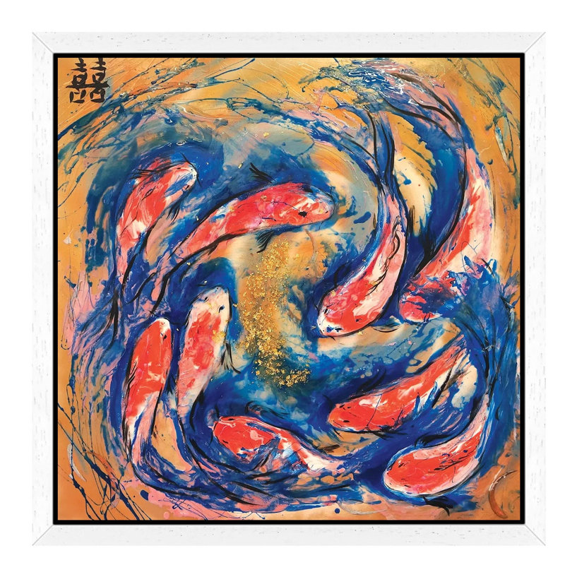 Double Luck With Koi Fish by Antuanelle - Painting on Canvas, 66.04 cm H x 66.04 cm W, White Framed
