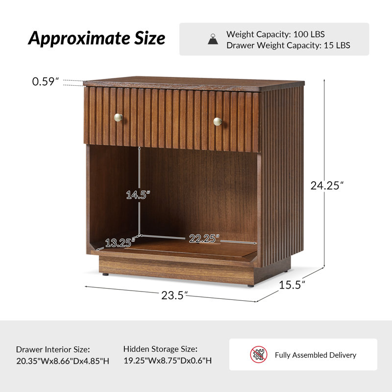  Kaybri 23.5''W Modern Fully Assembled Fluted Solid Wood End Table with Hidden Compartment and Charging Staion（Set of 2)