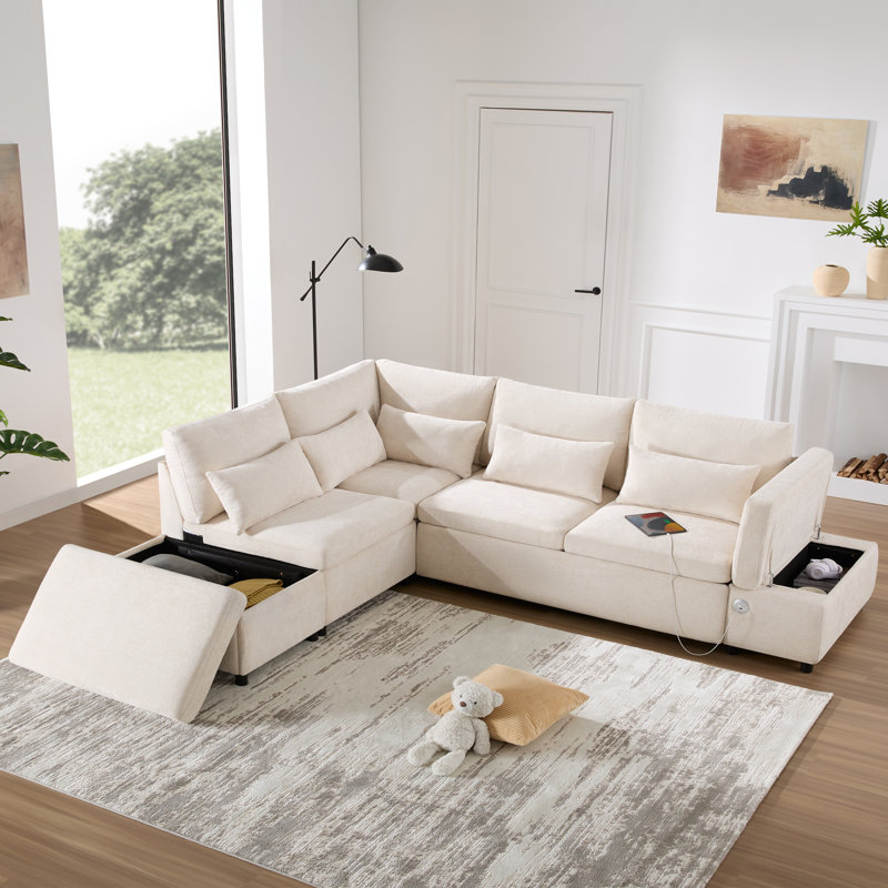 Canapé-lit modulaire en L 107 po avec canapé-lit Roomfitter, USB et Type-C, repose-pieds avec rangement Roomfitter, Beige