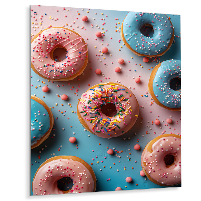 Délicieuse rose et bleue Sparkle Donuts II - nourriture, beignets, art mural, Métal métal, 44" H x 34" W