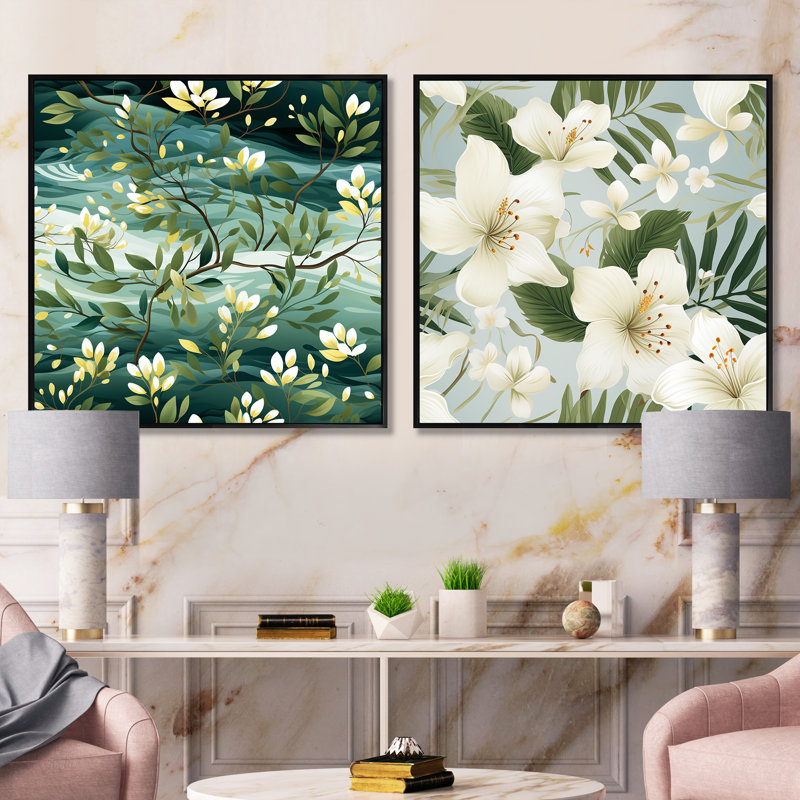 Mangrove Serenity - motif tropical - ensemble de 2 collages floraux carrés, Cadre flottant noir, H 16 po x l 33 po