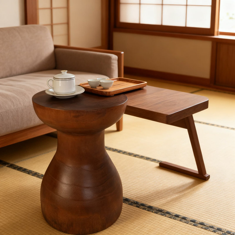 Table d'appoint fabriquée à la main en bois massif avec table d'appoint et tabouret en bois naturel
