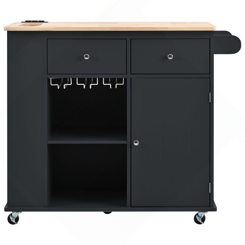 Kitchen Island With Power Outlet,Kitchen Storage Island With Drop Leaf And Rubber Wood,Open Storage And Wine Rack,5 Wheels,With Adjustable Storage For Home, Kitchen, And Dining Room