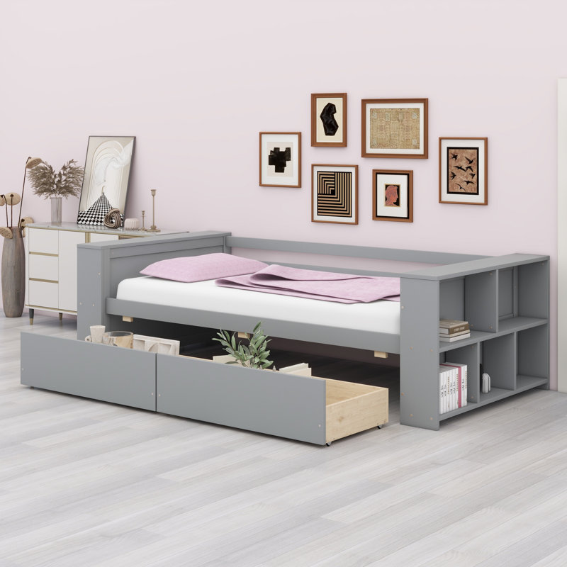 Lit de jour avec tablettes et tiroirs, Gris