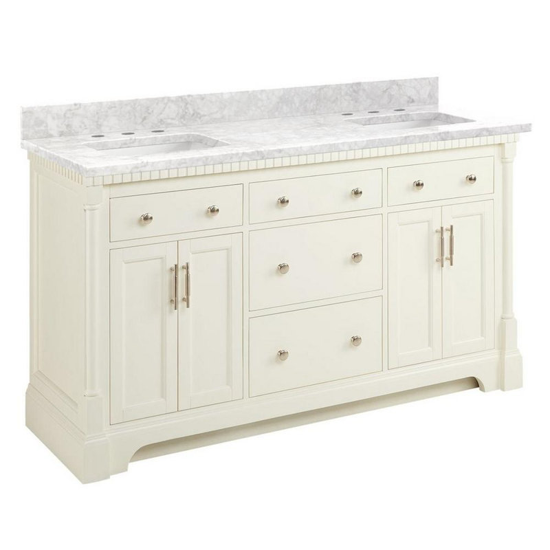 Ensemble de meuble-lavabo à double cuve en acajou 60 po Claudia, Carrara Marble, White, 8" Widespread