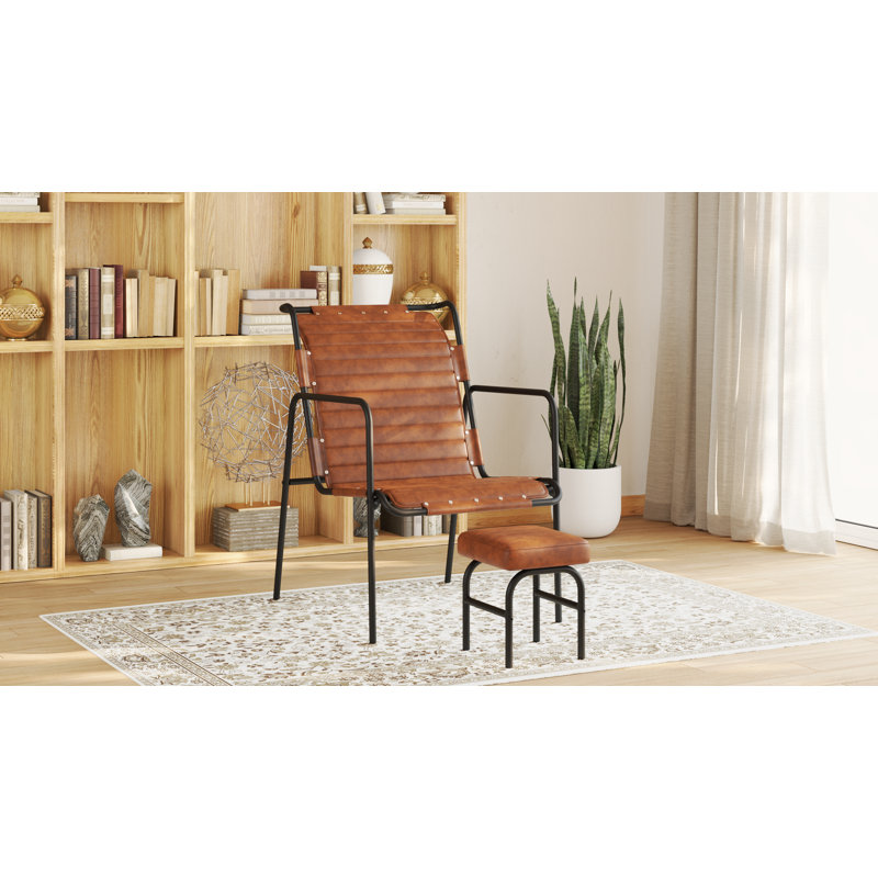 Fauteuil d'appoint avec repose-pieds pour le salon, Cuir véritable brun