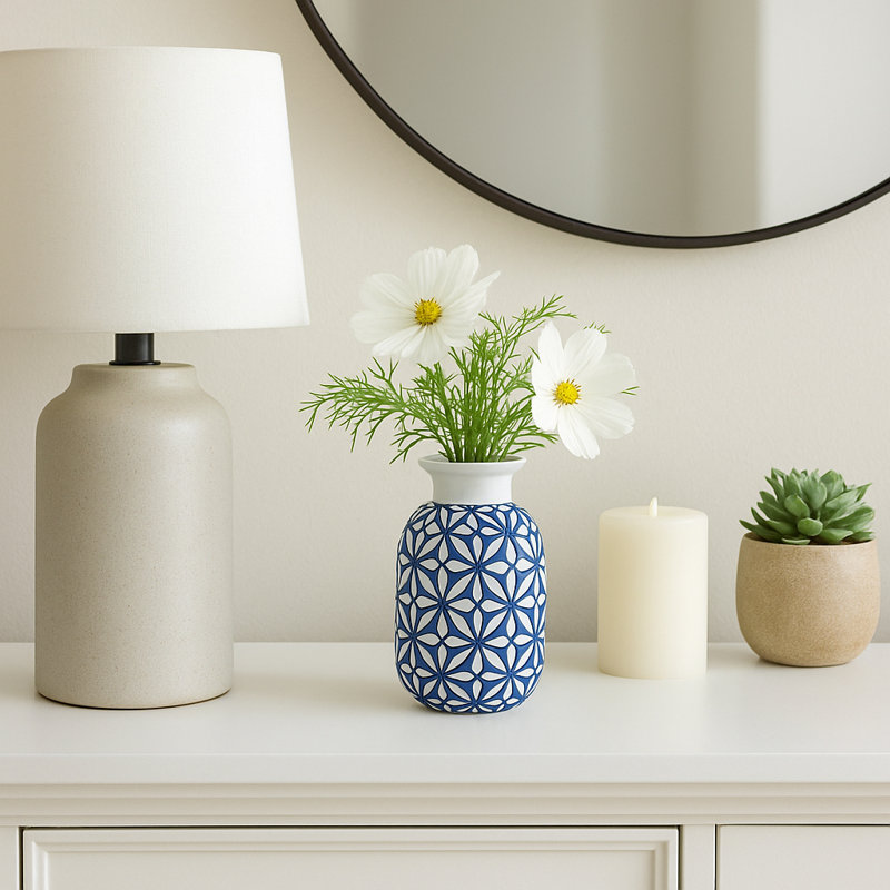Decorative Ceramic Geometric Table Vase for Home Decor - Patterned Flower Vase for Shelf Styling and Living Room Display, Blue