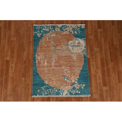Tapis orange en laine noué à la main de conception unique 2 pi 11 po x 3 pi 11 po New Age
