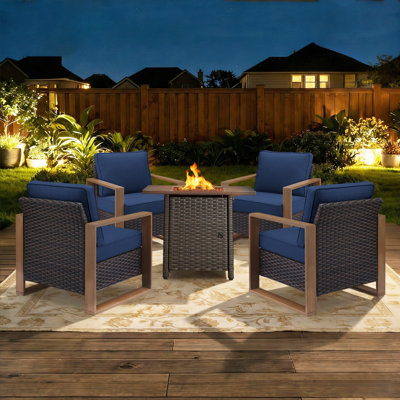 5-Piece Outdoor Modern Patio Lounge Chairs Conversation Set With Fire Pit Table
