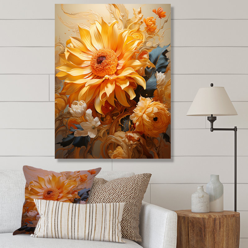 Tournesols jaunes en spirale I - tournesols, art mural, Cadre photo argenté, H 44 po x l 34 po x P 1,5 po