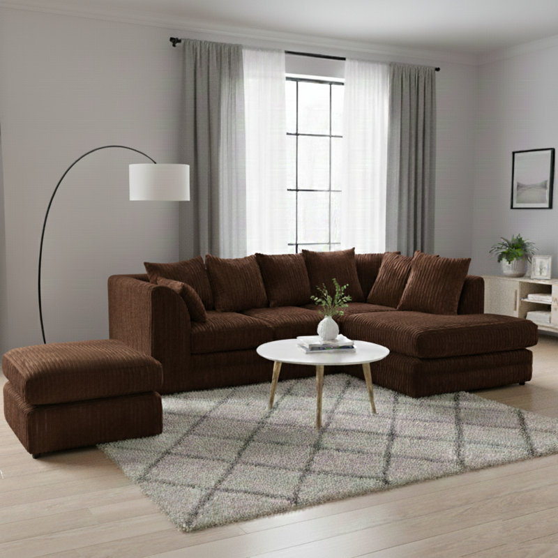 Soft Fabric Jumbo Cord 4 Seater L Shape with Foot Stool Upholstered Living Room Sets, Right Hand Facing, Brown
