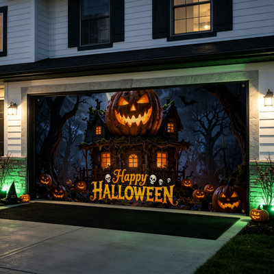 Décoration de porte de garage pour l'Halloween, fresque murale de 2,13 m × 4,88 m avec motif de maison citrouille.