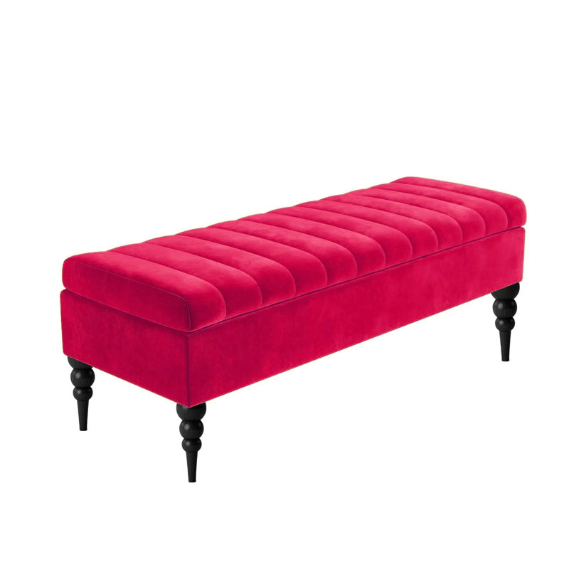Sierra Striped Ottoman Storage Bench - Upholstered Plush Velvet Shoes Bench with Turned Wooden Legs, Claret Red, Plush Velvet