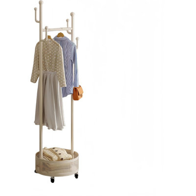 Portemanteau moderne en métal blanc à double face, support à vêtements thermolaqué avec panier de rangement, organisateur de plancher amovible pour chambre à coucher ou entrée