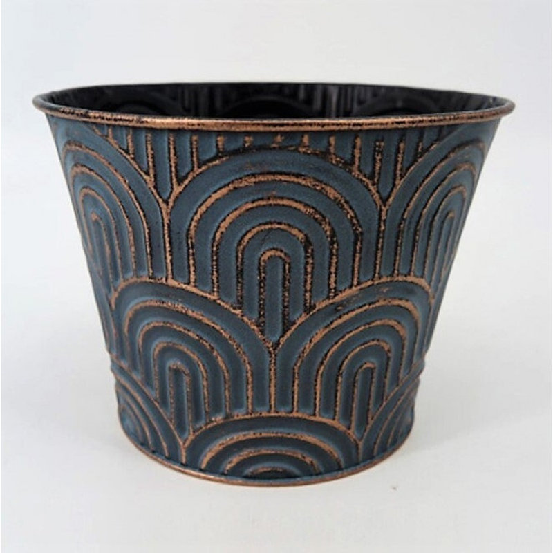 Pot à fleurs antique en cuivre avec lignes rondes, H 5,25 po x l 6,75 po x P 6,75 po, Cuivre / gris