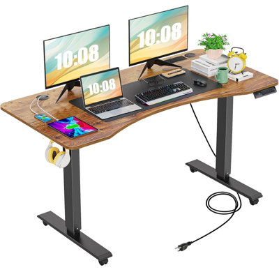 Bureau debout à hauteur réglable électrique Kashif avec 2 ports USB, 3 prises de courant, 4 roulettes et 2 crochets