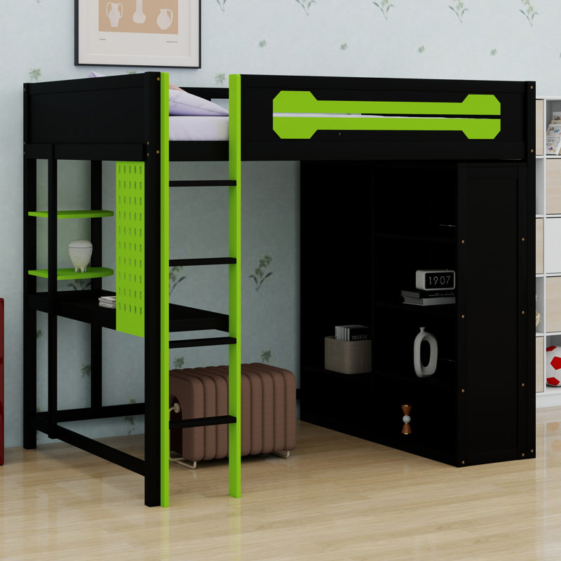 Lit mezzanine moderne avec bureau intégré et rangement ouvert pour garde-robe, Vert